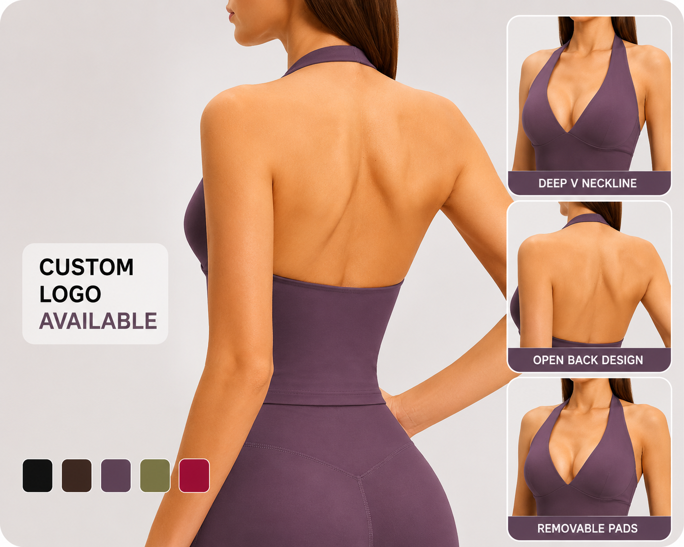 Custom Logo Womens Halter V Neck Yoga Tank Top Built in Pads Open Back Workout Gym Vest OEM Wholesale Factory