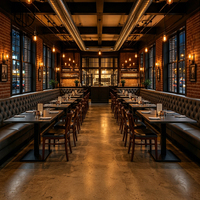 Ensemble table et chaises carrées en bois massif Ron Group Restaurant, banquette en cuir capitonnée en forme de L, mobilier commercial