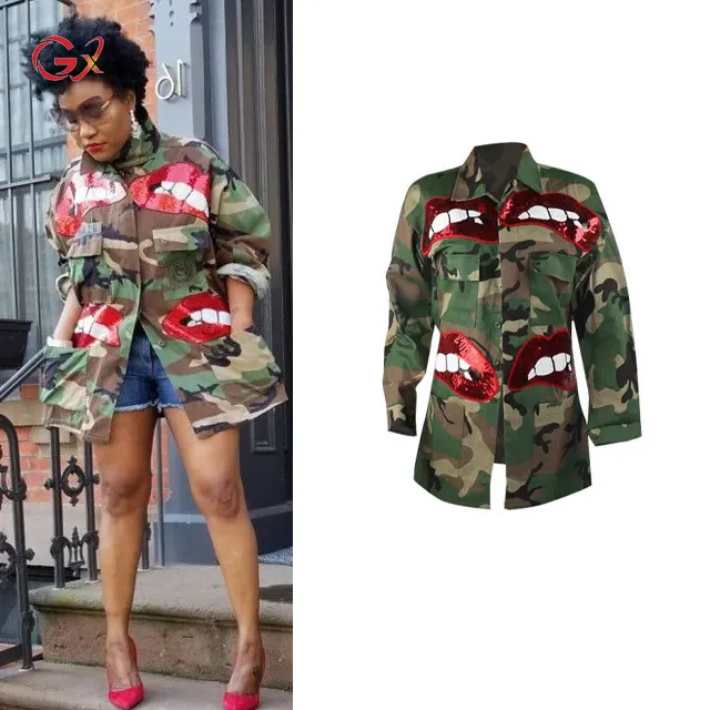 GX5109 Fashion Spring Fall Ladies Outdoor Wear Coat Sexy Sequin Lip Patch Button Women Camouflage Long Sleeve Jacket