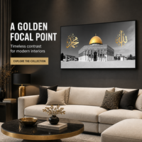 Tableau mural Dôme du Rocher panoramique, noir, blanc, or, architecture islamique, impression sur toile, option calligraphie Allah Muhammad