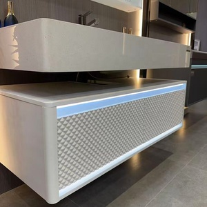 Meuble-lavabo mural de luxe blanc texturé avec <span class=keywords><strong>miroir</strong></span> LED éclairé et armoire de rangement pour hôtel et complexe hôtelier - Product Image 3