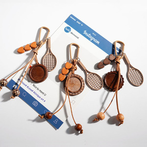 Fashion Metal Tennis Racket Keychain Pendant Wooden Bead Woven Keychain Chinese Style Bag Charms Car Decoration Small Gift
