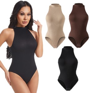 Body de yoga de punto acanalado con cuello alto para mujer, sin mangas, espalda cruzada, ajuste ceñido, prenda básica moldeadora para uso diario - Product Image 5