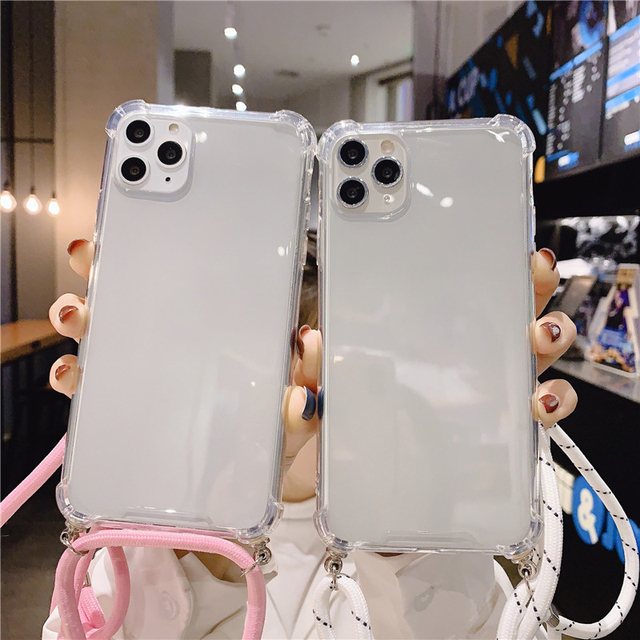 Strap Cord Chain Tape Necklace Lanyard Phone Case for IPhone12 11 7 8Plus 11Pro X XR XS Max Soft Clear Colorful Back Cover Shell