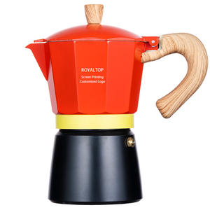 Pot à café moka en aluminium de couleur personnalisée 3 <span class=keywords><strong>tasses</strong></span> <span class=keywords><strong>6</strong></span> <span class=keywords><strong>tasses</strong></span> pot à café moka <span class=keywords><strong>rouge</strong></span> noir avec poignée en bois - Product Image 1