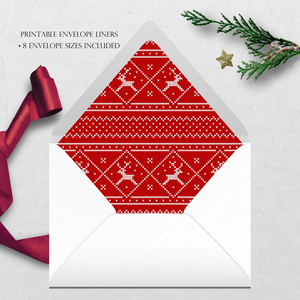 Kerstbreipatroon Envelopvoering Rood Wit Rendier Trui Print 8 Maten A7 A6 A2 voor Feestelijke Groetkaarten Uitnodigingen - Product Image 1
