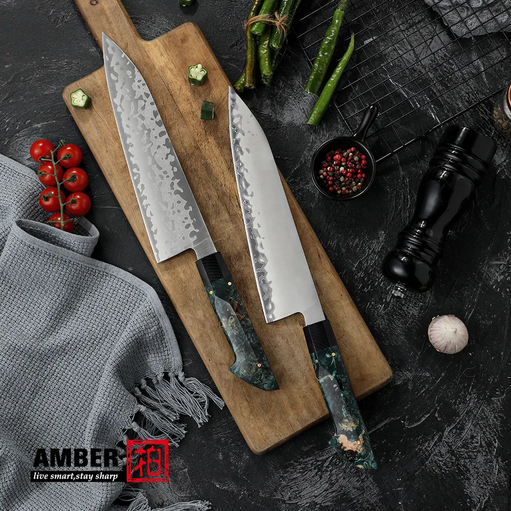 Amber buatan tangan Sanmai VG10 baja pisau koki Jepang profesional dengan gagang kayu tangguh pisau dapur