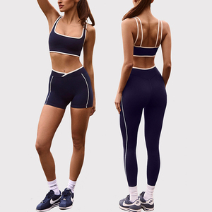 FH Contrast White Piping 2Pcs Yoga Set Double Thin Strap Sports Bra High Waist Leggings Stretch Fitness Workout Activewear