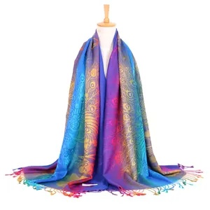 New Ethnic Style Scarf Women Cotton Peacock Open Screen Gradient Color Lengthening Iridescent Rainbow Scarf Shawl
