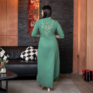 Vestido Largo Informal de Lino Verde de Lujo, Duradero y de Alta Calidad, con Bordado Floral, para Mujer - Product Image 6