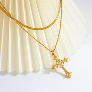 European American Style 18K Gold Plated <b>Cross</b> Pendant Double Layer Clavicle <b>Chain</b> Necklace With Diamond Inlay Gift Jewelry - Product Image 3