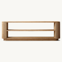 Table console basse en chêne naturel de qualité supérieure, style moderne minimaliste, avec étagère arrière ouverte aux coins incurvés, table d'appoint artisanale pour salon et villa