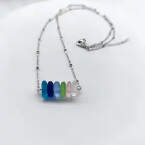 Multi Color Sea Glass Jewelry Beads Stainless Steel Chain Necklace