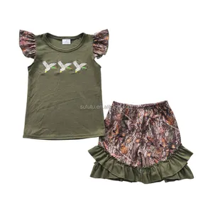 Été 2023 Nouvelle mode Toddler Girls Country Boutique Clothing Set Knit Cotton Embroidery Mmallard Shorts Outfit