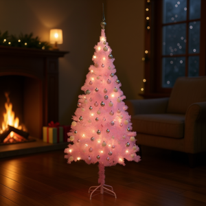 Sapin de Noël artificiel rose en PVC pré-éclairé de 47,2 pouces avec ensemble de boules, lumières LED à brancher pour intérieur, ton chaud, base autoportante - Product Image 2