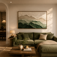 Peinture sur toile acrylique texturée artisanale minimaliste Wabi Sabi, vert olive et blanc, motif vague, paysage marin, cadre en aluminium