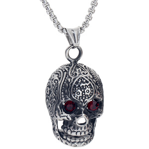 Collar con Colgante de Calavera, Color Acero, Ojos Rojos, Engaste con Bisel, Colgantes Temáticos, Estilo Horror de Halloween, Cadena de 60cm - Product Image 1