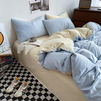 Parure de Lit Uni Tendance en Coton Lavé Quatre Pièces Housse de Couette Drap Plat et Taies d'Oreiller Douce et Agréable pour la Peau Maison Hôtel