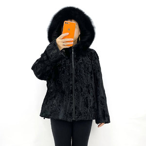 Veste d'hiver pour femme de luxe décontractée de haute qualité, avec garniture en fourrure de renard, en véritable peau de mouton <span class=keywords><strong>Karakul</strong></span>, à capuche, réversible, en polyester ciselé, ODM - Product Image 1
