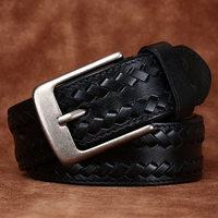Ceinture en cuir de vachette tressée décontractée avec boucle à ardillon en métal antique pour jeans, ceinture en cuir véritable pour homme, style business décontracté, avec fixation par vis.