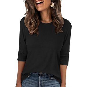 FOXA Haut à manches 3/4 pour femme, col rond, t-shirt basique en tricot doux, anti-rides, décontracté, pour tous les jours, vêtements de printemps et d'été - Product Image 1