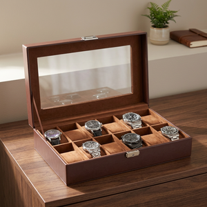 Boîte à montres en bois, 12 emplacements, intérieur en faux daim, fermeture à pression anti-poussière, forme rectangulaire - Product Image 4