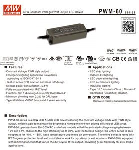 Controlador LED MEAN WELL PWM-60-24DA2 de 60W, 24V, 2.5A, DALI-2, Regulable por PWM, Voltaje Constante, IP67, Impermeable - Product Image 2