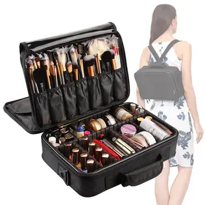 Grote Make-Up Case 3 Lagen Make-Up Tas Organizer Waterdichte Reizen Cosmetische Case Box Portable Trein Gevallen Zwart Borstel Houder