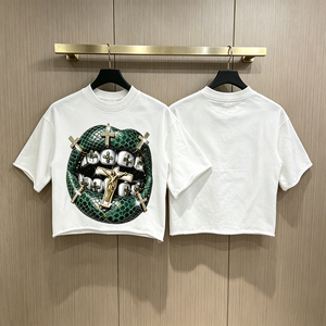 Y2K Streetwear Cropped <strong>Tee</strong> 3D Green <strong>Crocodile</strong> Lip Cross Graphic Print Frayed Hem Drop Shoulder Crew Neck Casual Cotton T Shirt - Product Image 2