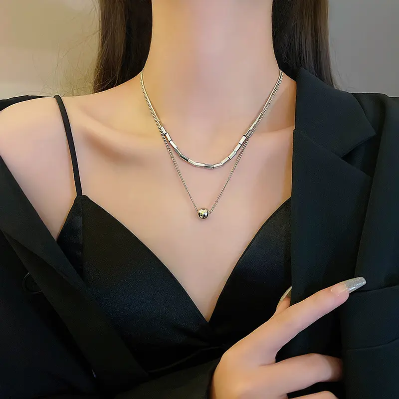 New elegant double-layer versatile pendant personalized light luxury round bead clavicle chain Women's necklace