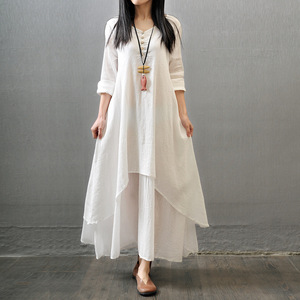 Women's Cotton <b>Linen</b> Dress White Solid Color Fake <b>Two</b> <b>Piece</b> Long Tea Ceremony Attire Plus Size MLXL2XL3XL4XL5XL - Product Image 1