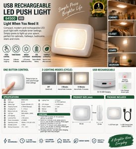 Lámpara de Pared LED Recargable por USB, 64500 V00, 85x70x22mm, Blanca, ABS, Moderna, 50 Lúmenes, Temporizador de 3/15 Minutos, para Uso en Interiores - Product Image 1