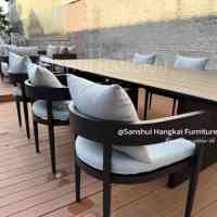 Ensemble de table et chaises de salle à manger moderne de luxe Hangkai, 7 pièces, cadre en aluminium imperméable, base de siège en bois de teck, pour usage extérieur, villa, hôtel
