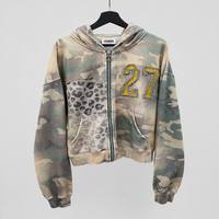 Veste décontractée d'hiver personnalisée style streetwear, effet délavé camouflage, coupe oversize, en molleton bouclette 100% coton, unisexe, coupe ample et carrée, avec fermeture éclair et capuche