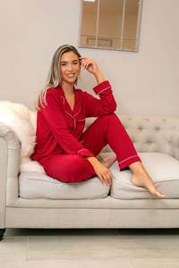 Natal Vermelho Escovado 100% Algodão Merlot Camisa e Calças Pijama Set pj 2 Piece Set Bambu Viscose Pijama Pijama Para Mulheres - Product Image 4