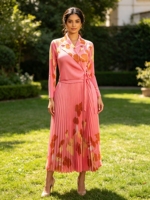 Robe longue plissée élégante Miyaki à taille haute, imprimé floral, à nouer, grande taille, décontractée, pour soirée, pour femme, vente en gros
