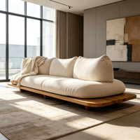 Sofa Platform Gaya Wabi Sabi Minimalis Jepang dengan Alas Kayu Solid, Sofa 3 Dudukan Berbahan Kain Teddy, Sofa Duduk Dalam untuk Ruang Tamu Rumah