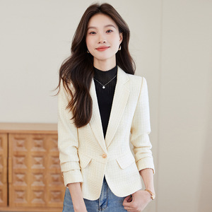 Women's Blazer Apricot Solid Color Polyester Worsted Fit For Autumn - Product Image 1