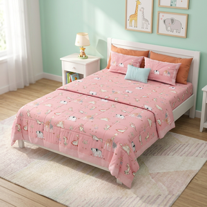 Juego de Edredón de Algodón con Estampado Animal Rosa, 4 Piezas, Ropa de Cama Infantil con Dibujos Animados para Cama de 1.8m, Transpirable, para Todas las Estaciones, Grado A, 300 Hilos - Product Image 2