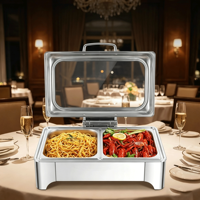 FLEY 9L Réchaud de buffet rectangulaire en acier inoxydable à pieds courts, grande capacité, chauffe-plats électrique avec couvercle en verre