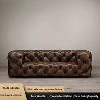 Style américain Vintage Industrial Loft Oil Wax Leather Sofa Full Cowhide Small Pull Buttons for Three-Seater Living Room Small