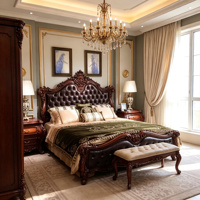 Lit en bois de luxe haut de gamme, finition cerisier vintage, en cuir véritable sculpté, avec pieds cabriole robustes, idéal pour chambre principale de penthouse