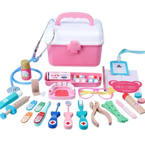 教育ふりドクターキット木製子供プレイハウスドクターおもちゃセット注入スタンドポータブル医療ボックスおもちゃ