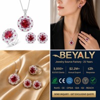 Anting bunga bulat simulasi korundum merah, Set perhiasan anak perempuan lapis Platinum perhiasan bunga 2025