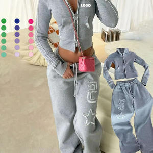 Grosir Set dua potong pakaian wanita mode baru Double Zip Hoodie Tracksuit kustom 2 potong ritsleting ganda Hoodie dan Set celana - Product Image 1