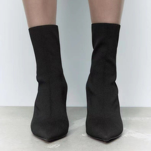 Bottines noires pour femme, 9 cm, tendance, en tricot élastique, courtes, pour l'hiver - Product Image 4