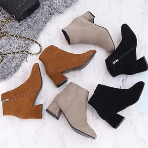 Fashion pointed toe frosted suede side zipper thick heeled medium heeled nude female short boots