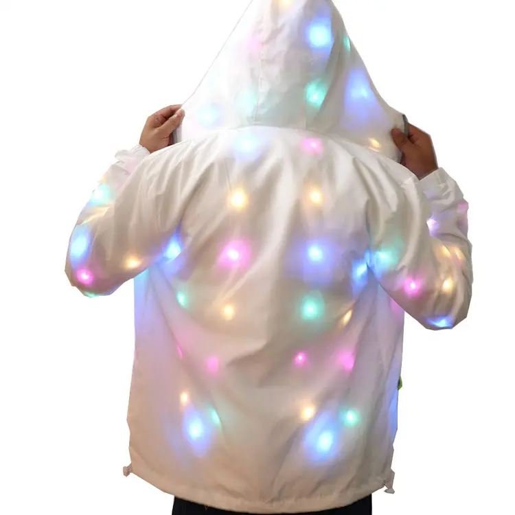 Unisex parlayan ceket Led renkli ışık kulübü ceket mont kapüşonlu serin fermuarlı gece parti giyim