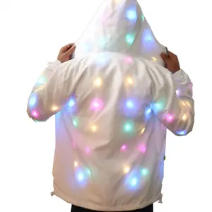 Jaket Bercahaya Led Warna-warni, Pakaian Pesta Malam, Jaket Klub Bertudung Keren Ritsleting