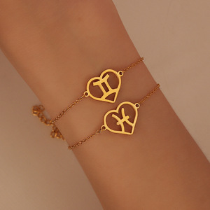 Pulsera de Joyería Versátil de Moda, Pulsera de Acero Inoxidable Chapada en Oro de 18K <span class=keywords><strong>con</strong></span> Dije de Corazón y 12 Signos del Zodiaco para Mujer - Product Image 4